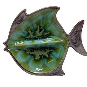 VTG Treasure Craft Ceramic Fish Trinket Dish Green Blue Ocean Tiki Beach Coastal